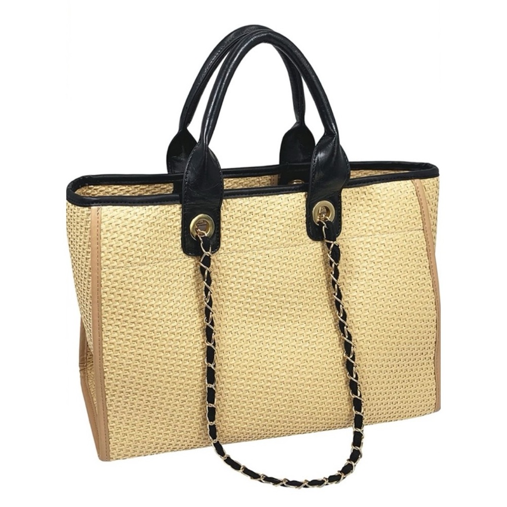 Woven Straw Tote Bag with Black Trim - Picture 2 of 4